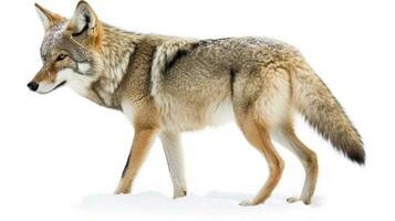 A lone coyote Canis latrans isolated on white background walking and hunting in the winter snow in Canada, generate ai photo