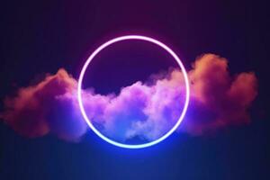 3d render, abstract cloud illuminated with neon light ring on dark night sky. Glowing geometric shape, round frame, generate ai photo