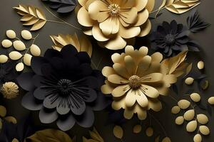 3d mural floral wallpaper. golden and black flowers and leaves. 3d render background wall decor, generate ai photo