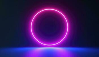 3d render, blue pink neon round frame, circle, ring shape, empty space, ultraviolet light, 80s retro style, fashion show stage, abstract background, generate ai photo