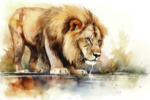 A lion drinking from a river at sunset watercolor painting, beautiful natural forms, crisp clean shapes, colorful, white background , generate ai photo