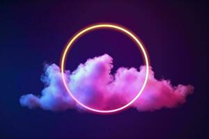 3d render, abstract cloud illuminated with neon light ring on dark night sky. Glowing geometric shape, round frame, generate ai photo