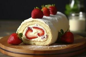 Delicious cake roll with strawberries and cream on wooden board, closeup, generate ai photo