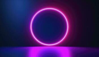 3d render, blue pink neon round frame, circle, ring shape, empty space, ultraviolet light, 80s retro style, fashion show stage, abstract background, generate ai photo