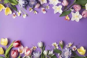 multicolored spring flowers on purple background , generate ai photo