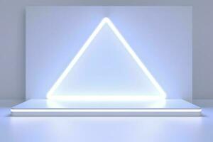 Realistic podium display with neon white lights, Product display background with light frame, White prodium product display with light effect, neon lights background, generate ai photo