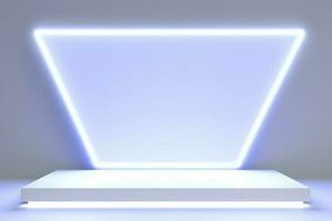 Realistic podium display with neon white lights, Product display background with light frame, White prodium product display with light effect, neon lights background, generate ai photo