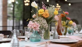 Flower table decorations for holidays and wedding dinner. Table set for holiday, event, party or wedding reception in outdoor restaurant, generate ai photo