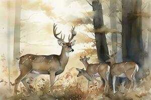 A family of deer in a forest clearing watercolor, generate ai photo