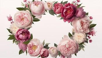 Wreath made of flowers. Floral round frame, wreath made of peonies flower buds and green leaves, botanical design, flat lay, top view, free space for text. image photo