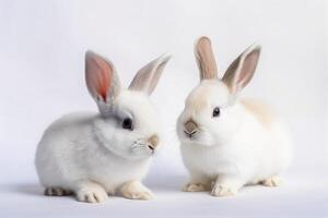 Front view of cute baby rabbits on white background, Little cute rabbits sitting with Lovely action on white, photo