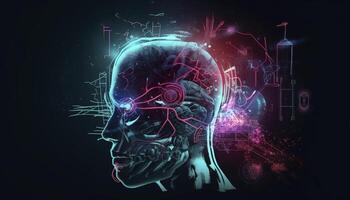 Artificial intelligence, a humanoid cyber human with a neural network thinks. AI concept of big data or cyber security. Chat GPT concept. AI with a digital brain processes big data. photo