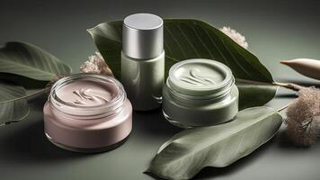 Eco friendly cosmetics decorated with green leaves, organic facial skincare, makeup and skin care cosmetic items. image. photo