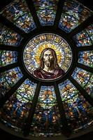 Jesús en el cruzar - manchado vaso en Santo severin iglesia, generar ai foto