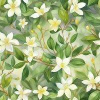 Seamless green pattern with leaves and white flowers , generate ai photo