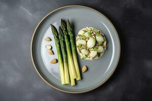 Traditionally grilled green asparagus with herbs as a top view on a modern design plate with copy space, generate ai photo