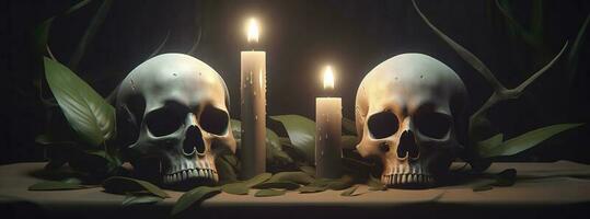 Artificial skull and candlestick on wooden layer on black background, generate ai photo