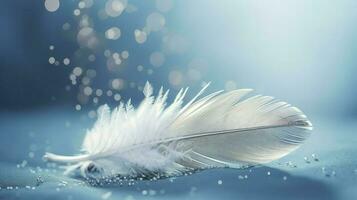 a bright blue background with one white feather, in the style of soft and dreamy pastels, glimmering light effects, nature inspired imagery, fairycore, soft focal points, generate ai photo