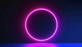 3d render, blue pink neon round frame, circle, ring shape, empty space, ultraviolet light, 80s retro style, fashion show stage, abstract background, generate ai photo