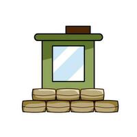 Border post. Checkpoint. Fortified building of military base. Wall of sandbags. Flat cartoon isolated on white background vector