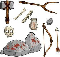 Set of items of primitive man and hunter. Weapons of caveman. Stone age hammer, axe and club. Lifestyle and tool. Cartoon illustration vector