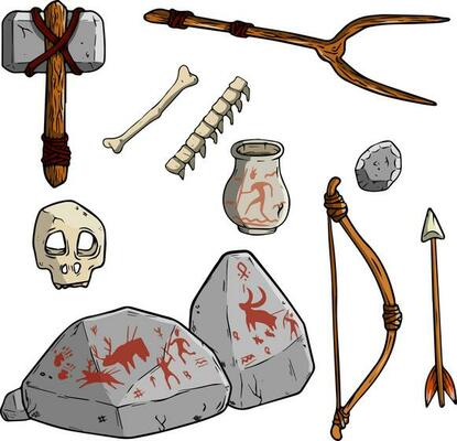 Set of items of primitive man and hunter. Weapons of caveman. Stone age hammer, axe and club. Lifestyle and tool. Cartoon illustration