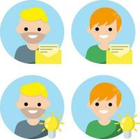 Set of avatars of man in circle for social network. Conception of idea and light bulb. Delivery of letters and messages. Yellow envelope icon. Guy and young boy. Human head vector