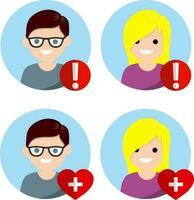 Set of avatars people for social network. Boy and girl. Red exclamation mark, heart with cross. Medical health element and alarm. young nerd man and blond woman. Cartoon flat illustration. Status icon vector