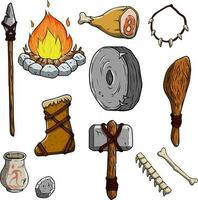 Set of items of primitive man and hunter. Weapons of caveman. Stone age hammer, axe and club. Lifestyle and tool. Cartoon illustration vector