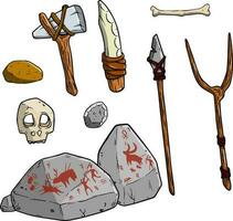 Set of items of primitive man and hunter. Weapons of caveman. Stone age hammer, axe and club. Lifestyle and tool. Cartoon illustration vector