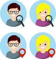 Avatar of man and woman of social network. Search magnifying glass and red route point. Navigation and Internet. Head of Young boy and girl in circle. App and people. Cartoon flat illustration vector