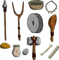 Set of items of primitive man and hunter. Weapons of caveman. Stone age hammer, axe and club. Lifestyle and tool. Cartoon illustration vector