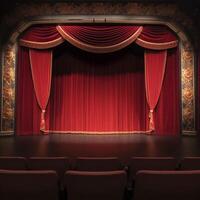 vacío teatro etapa con rojo cortinas ai generado foto