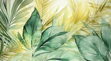 Tropical foliage watercolor background vector. Summer botanical design with gold line art, palm leaves, green watercolor texture. Luxury tropical illustration for banner, generate ai photo