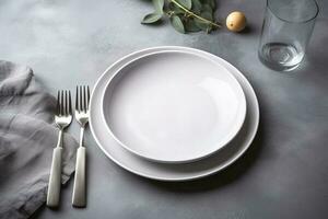 White plate and cutlery on stone table. Table setting, flat lay image, generate ai photo