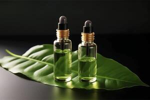 cosmético suero en un vaso botellas con un pipeta en un oscuro antecedentes con verde hojas en un oscuro antecedentes. piel cuidado suero, esencial aceites, spa y bienestar. natural cosmético. ai generado. foto