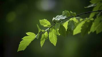 Earth Day and World Environment Day, Spring, Tropical tree leaves and branch with beautiful green forest background, generate ai photo