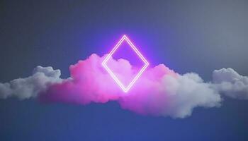 3d render, abstract minimal background with pink blue yellow neon light square frame with copy space, illuminated stormy clouds, glowing geometric shape, generate ai photo