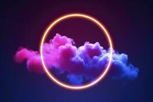 3d render, abstract cloud illuminated with neon light ring on dark night sky. Glowing geometric shape, round frame, generate ai photo