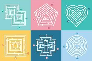 Maze entrance. Find right way, kids labyrinth game and choice mazes entrances letters vector illustration set