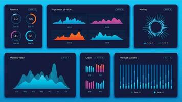 Charts dashboard. Financial analytical chart, futuristic web admin panel and trading analysis website ui vector concept