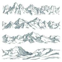 Mountains landscape engraving. Vintage hand drawn sketch of hiking or climbing on mountain. Nature highlands vector illustration