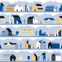 Minimal city pattern. Minimalistic town landscape, modern homes houses and geometric cityscape vector seamless background