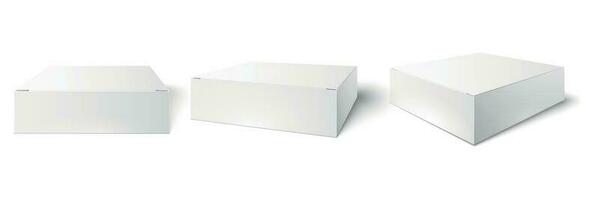 blanco embalaje caja. blanco Bosquejo, paquete cubo perspectiva ver y consumidor producto cajas maquetas 3d vector ilustración conjunto