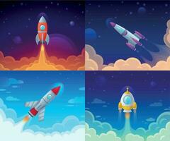 Rocket launch. Space travel, galaxy rocketship and business plan success start vector cartoon concept illustration