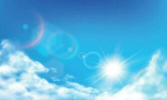 Cloudy sky. Daytime bright sun, sunny day clouds and realistic cloud in blue sky realistic vector background illustration