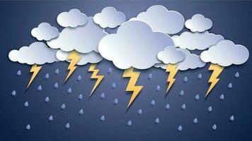 Summer thunderstorms. Storm clouds, thunderstorm lightning and rainy weather. Thunder and lightnings craft paper vector illustration