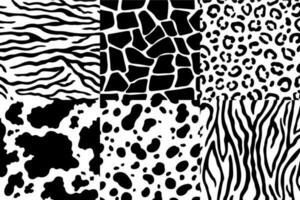 Animal skin pattern. Wildlife zebra texture, tiger skin stripes and leopard spots. Animals textures seamless patterns vector set