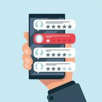 Rating review bubble. Reviewers texting on cellphone app, choice bad or good 5 star ratings. Flat vector illustration