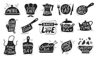 cocina comida letras. gastrónomo Cocinando comidas insignia, pollo recetas cocinar y restaurante menú leyendas vector ilustración conjunto